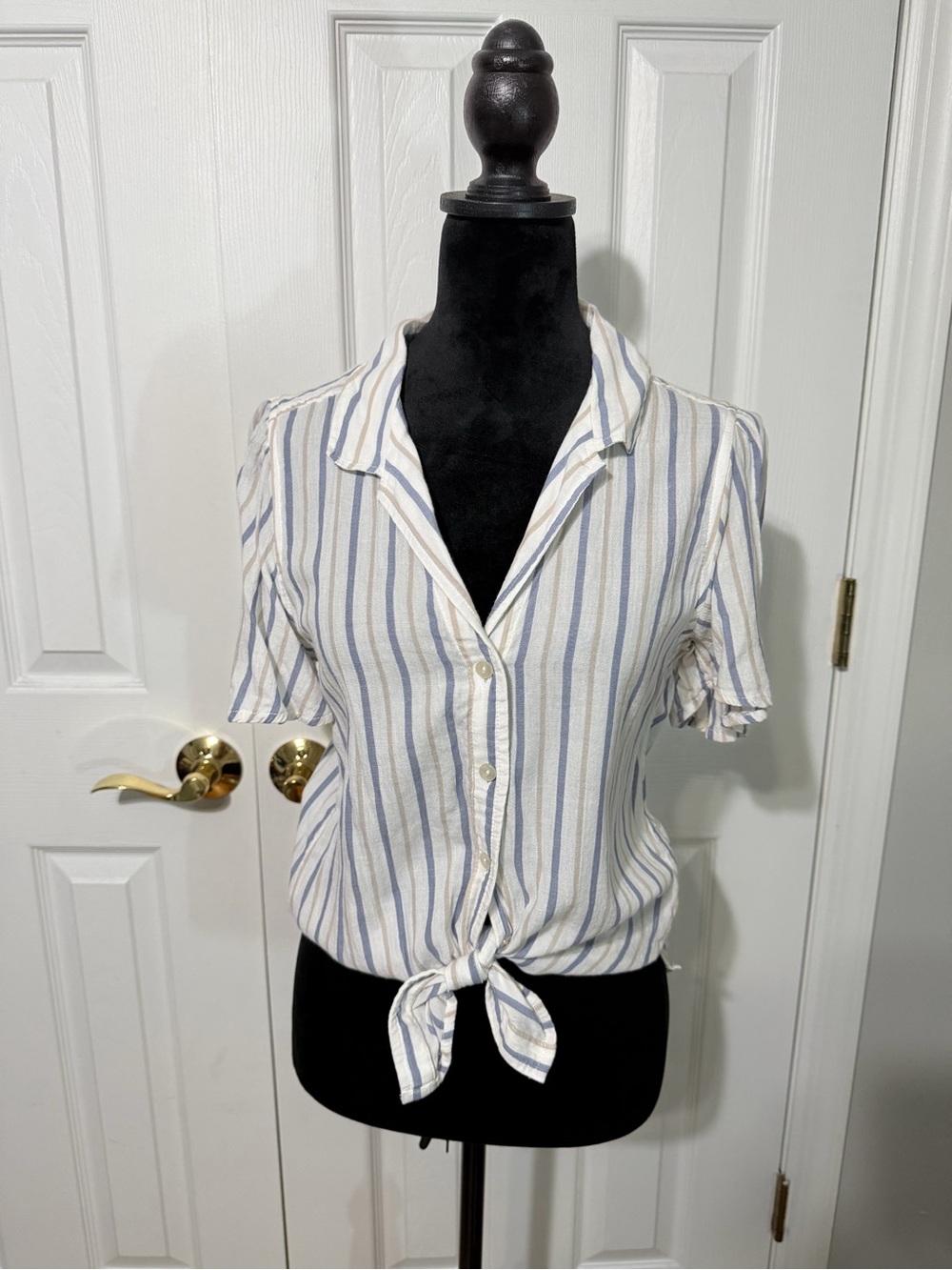 Abercrombie & Fitch Striped Tie-Front Button-Up Top - Blue & Cream